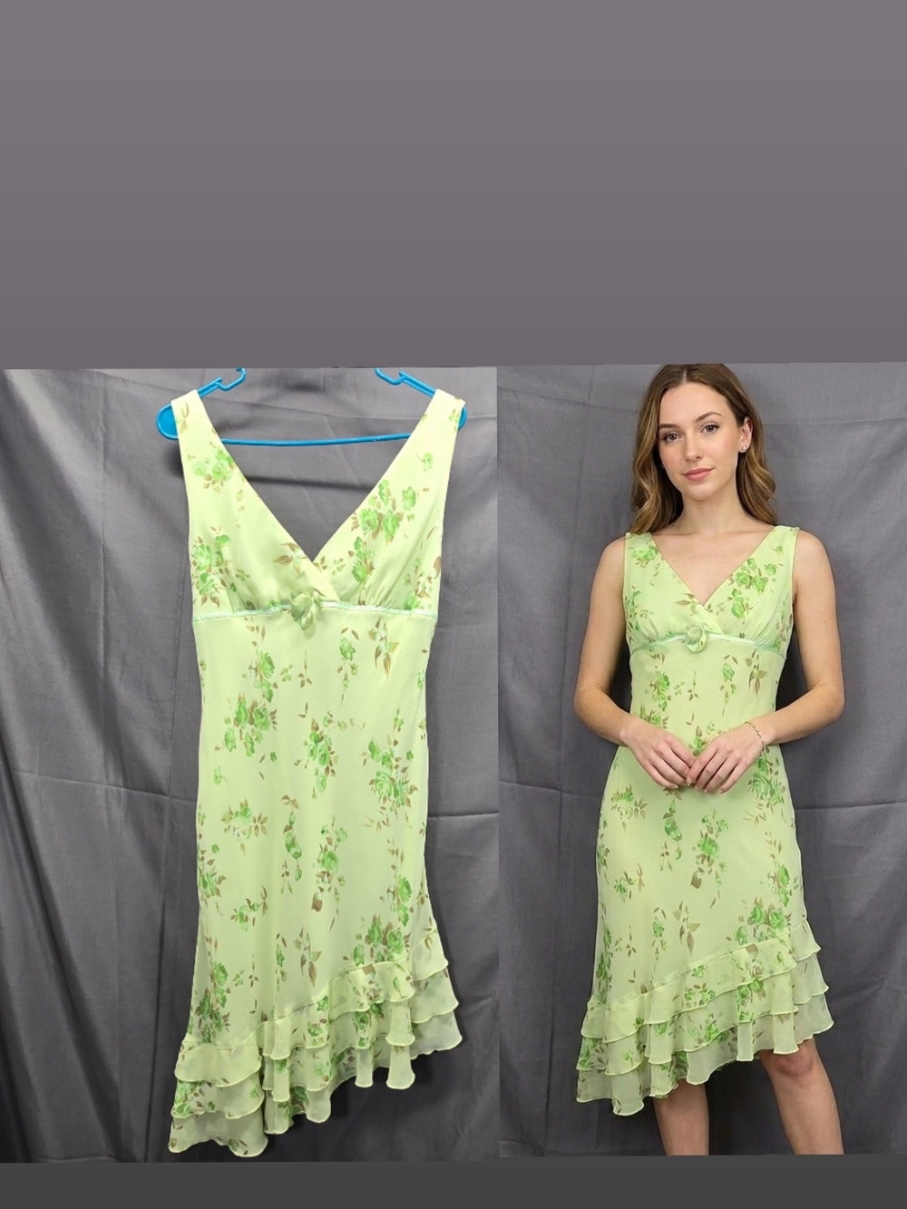 0Ruby Rox Light Green Floral V-Neck Midi Dress Junior Size 13